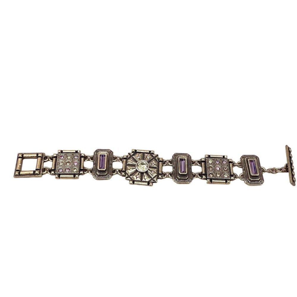 Patricia Locke Vintage Brass & Amethyst Crystal Bracelet 7 Inches Toggle Closure